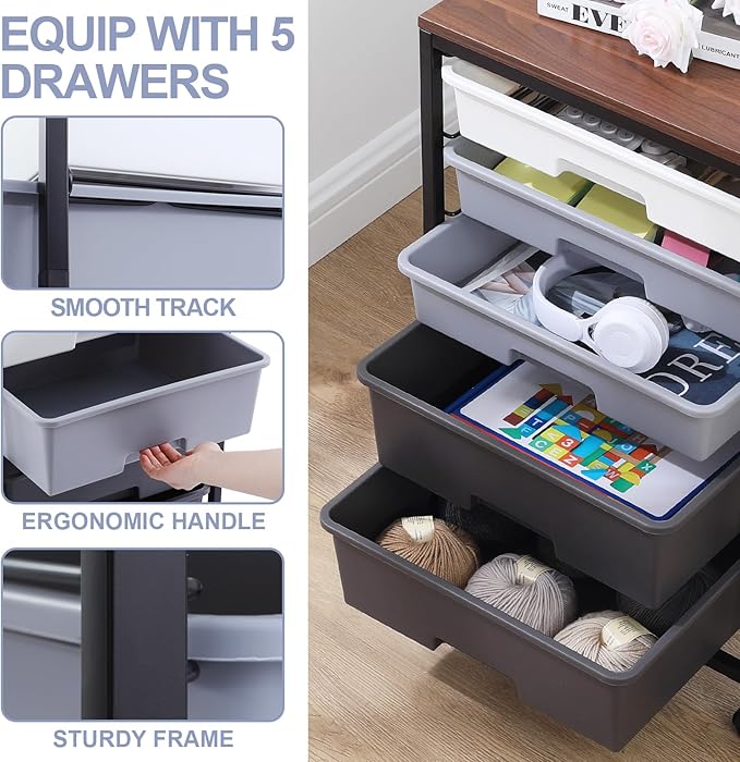 Utility Cart with 5 Drawers,Storage Drawer Cart with Wooden Tabletop and Lockable Wheels,Craft Storage Trolley Cart,5-Tier Rolling Utility Cart on Wheels,Dark Grey