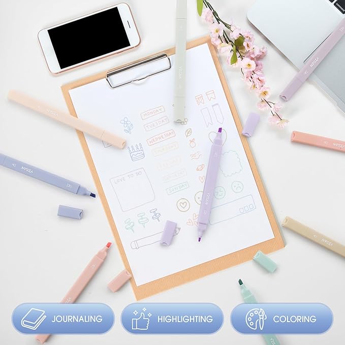 YISAN Pastel Highlighter Pens,Double Tip 12 Colors Bible Highlighter Markers no bleed,70924