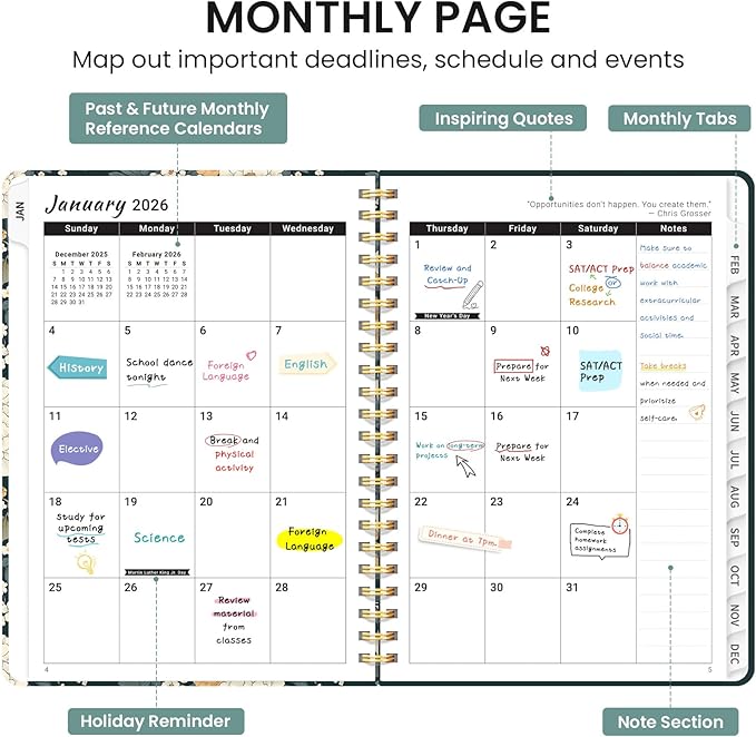 2026 Planner, Weekly and Monthly Calendar Planner for Women, Jan 2026 - Dec 2026, Hardcover Planning Agenda book with Tabs, Spiral Bound, Inner Pocket, Perfect for School Office Supplies, 6.3" x 8.5" - Classic Floral