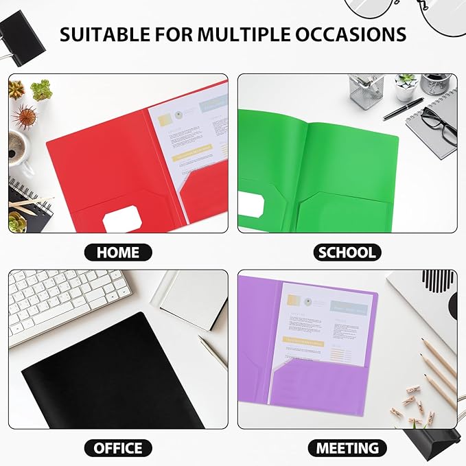 Plastic Folders with Pockets, 12 Pack Document Folders with Business Card Slot, 2 Pocket Folders Back to School Supplies for Kids, Office