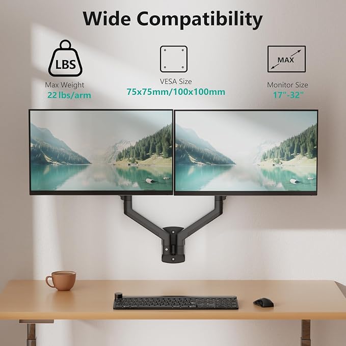 WALI Dual Monitor Wall Mount for 17 to 32 inch Screens, Monitor Wall Mounts for 2 Monitors, Holds up to 22 lbs, Fully Adjustable Gas Spring Monitor Arm,75x75/100x100 VESA Wall Mount (GSWM002), Black