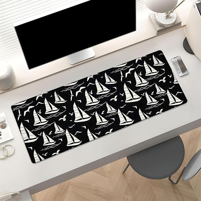 Classic Sailboat Gaming Mouse Pad, Boats, Waves, and Seagulls, Large Desk Mat for Computer, Extended Keyboard Laptop Mouse Pads 31.5×11.8in, Non Slip Rubber Mousepad for Office Decor Gifts