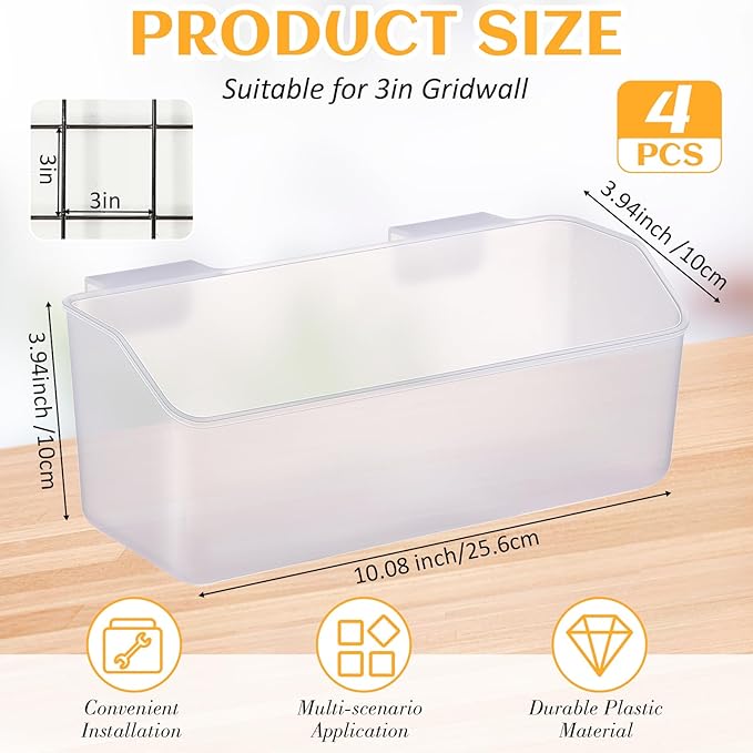 Gridwall Baskets, Grid Wall Storage Bin Plastic Grid Wall Panels Bins for 3 Inch Gridwall Panel for Organizing Storage Display Kitchen Home Office Garage Bathroom(Clear,4 Pcs)