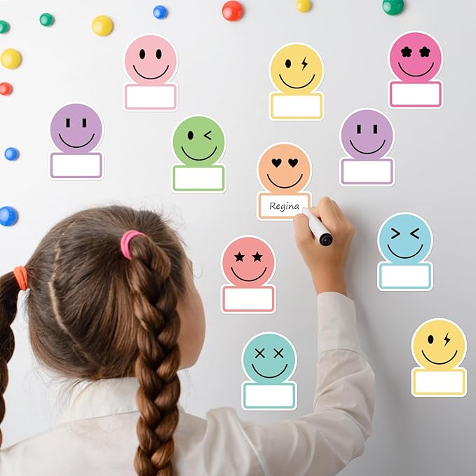 Whaline 135Pcs Pastel Smile Face Name Tag Stickers 9 Designs Nameplate Stickers Cute Classroom Bulletin Board Decoration Label Decal for Office Desk Wall Decor