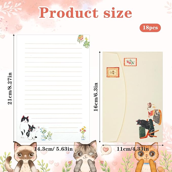 Cute Cat Stationery Set 12 PCS Vintage Letter Paper Writing Kit Personalized Stationary Paper and 6PCS Envelopes Set for Women,Pen Pal Supplies Business Papers Handwriting Holiday Greetings