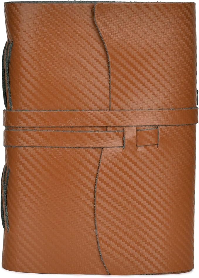 LEATHER VILLAGE Carbon Fiber Genuine Leather Bound Journal - 7'' x 5'', 220 Pages - Vintage Blank Paper Diary for Writing, Drawing, Sketchbook, and Travel Notebook - Ideal for Women and Men- Tan