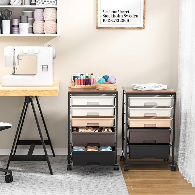 Utility Cart with 5 Drawers,Storage Drawer Cart with Wooden Tabletop and Lockable Wheels,Craft Storage Trolley Cart,5-Tier Rolling Utility Cart on Wheels,Dark Brown