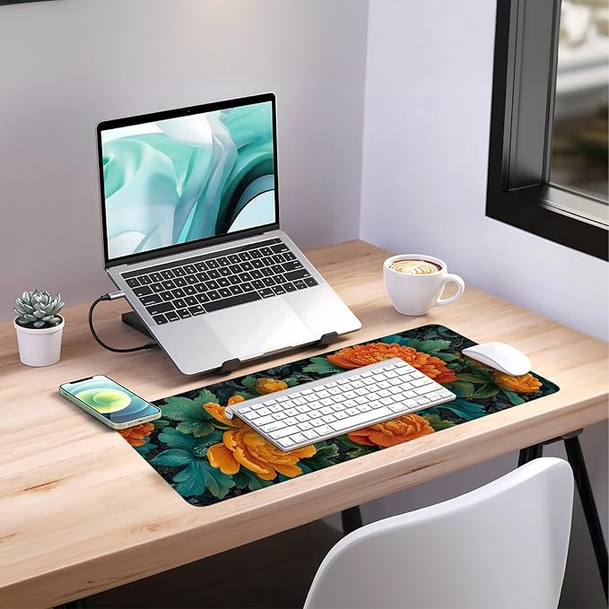 Retro Flower Extended Gaming Mouse Pad 31.5x11.8inches Large Desk Mat Anti-Slip Rubber Base & Durable Stitched Edges for Gamers Smooth Mouse Writing Surface for Desk Office/Home
