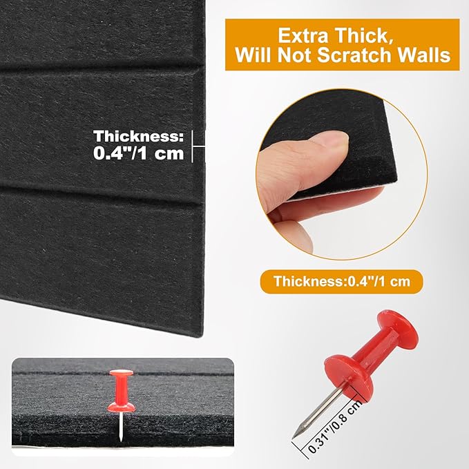 Large Cork Board Alternative,Felt Bulletin Board Tiles with 35 Pushpins,Black Bulletin Board, 12 Pack 12"X12"X0.4" Felt Cork Board Tiles with Self Adhesive for Office Pin Board, Home & Classroom