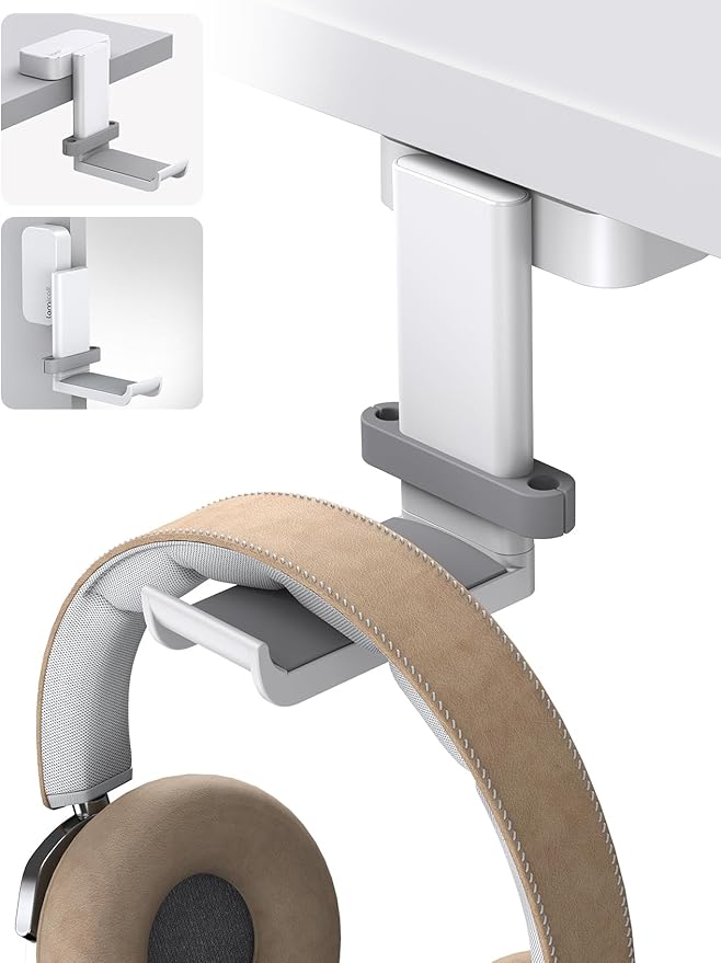 Lamicall Headphone Stand, Sticky Headset Hanger - 360 Degree Rotation Earphone Adhesive Hook Holder Mount, Table Headphone Stand with Cable Organizer, Headset Clamp for HyperX, Sennheiser -White