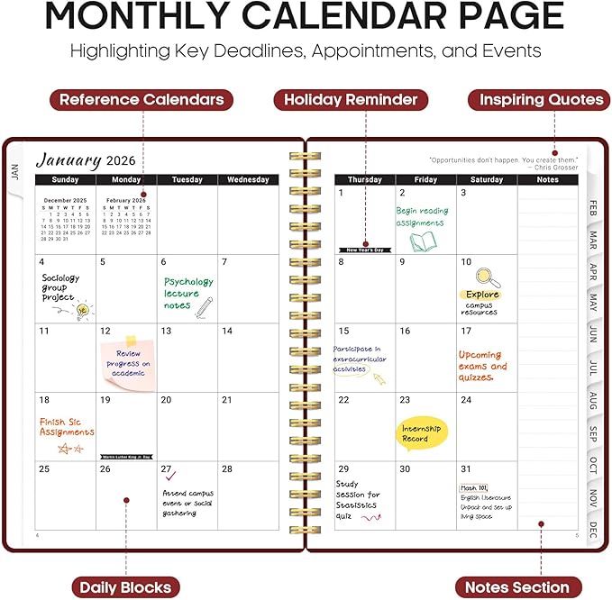 2026 Planner, Weekly and Monthly Calender Planner, Jan 2026 to Dec 2026, Hardcover 2026 Calendar Book with Tabs & Inner Pocket, Office Home School Supplies for Women & Men - A5 (6.3" x 8.5"), Burgundy