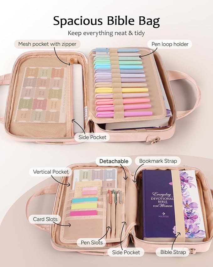 Bible Cover Case for Women, Large Bible Bag with Study Supplies, Bible Journaling Kit with Highlighters and Pens No Bleed, Christian Gift for Women (Shoulder Strap, Light Pink)