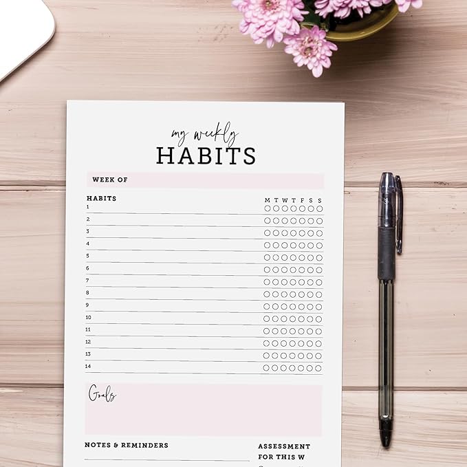 CARDAMONOLY Habit Tracker Notepad in Black and Light Pink- 50 Page Tear Off Planning Pad - 6 x 9 - High Performance Planner - Chore Chart for Adults - Weekly Planner Undated - Self Care Planner