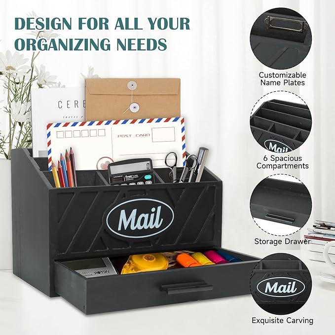 Wood Desktop Mail Organizer, Mail Organizer Countertop with 6 Compartments and Drawer, Wood Mail Holder Office Accessories for File Letter Paper Folder, Black