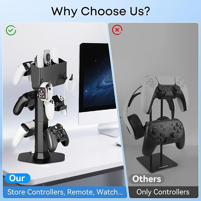Headphone and Controller stand, Headphone Stand for Desk, PS5/PS4/Xbox/Switch Game Controller Holder, Gaming Headset Stand with Storage Box and Two Hooks for Remote Control Watch Cable Key Chain