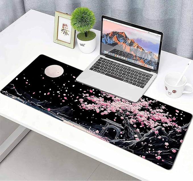Black Japanese Cherry Blossom Large Mouse Pad, Desk Mat Computer Keyboard Pad Non-Slip Rubber Base Waterproof with Stitched Edges for Laptop Gaming, Office & Home 31.5 x 11.8 Inch (XL-21)