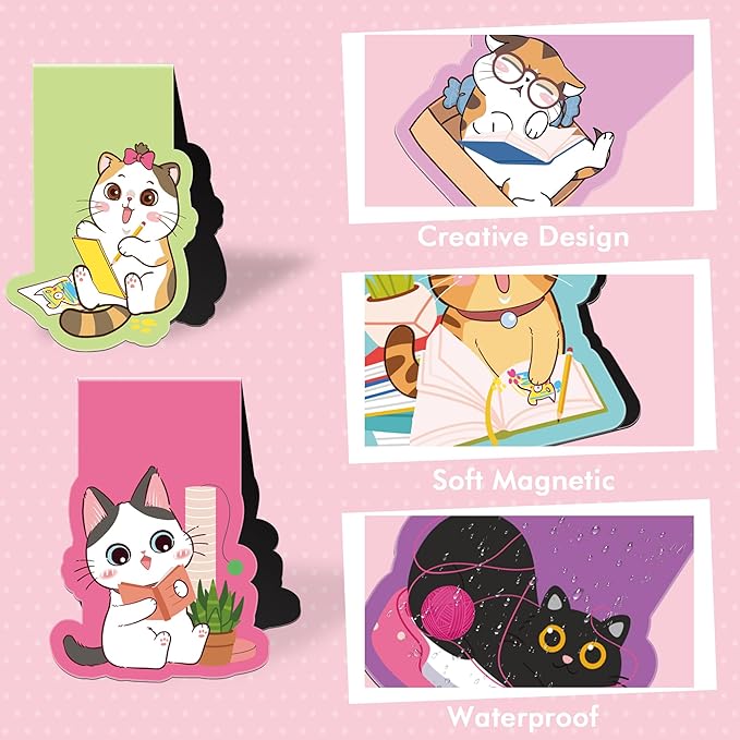 Cat Magnetic Bookmarks, 8 Pcs Cute Cartoon Cat Magnet Page Markers Animal Bookmark Clips for Reading, Magnetic Book Marks for Kids Students Teachers Book Lovers School Office Gifts