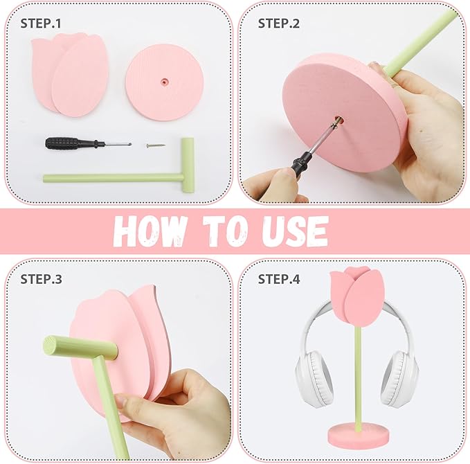Yookeer Cute Headphone Stand Decorative Tulip Headphone Stand Cute Pink Flower Wood Desk Decor for Gamer Room Office Desk Christmas Gaming Gifts for Girlfriend Office Worker