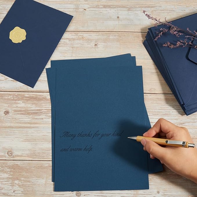 50 Pack Navy Blue A7 Envelopes with Cards 5x7 Thick Folded Cardstock and Gold Stickers for Greeting Cards, Wedding, Birthday, Invitations, Baby Showers (Navy Blue, 5x7)