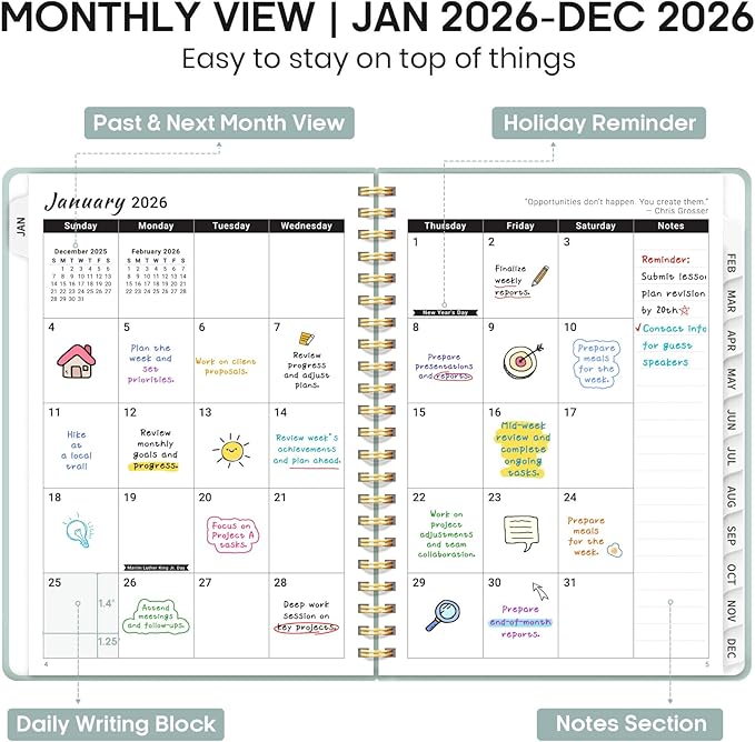 2026 Planner, Weekly and Monthly Calendar Planner Book, January 2026 - December 2026, Hardcover Spiral Planner with Monthly Tabs, Notes Pages, Perfect for Women & Men, A5 (6.4" x 8.5") - Grey Blue