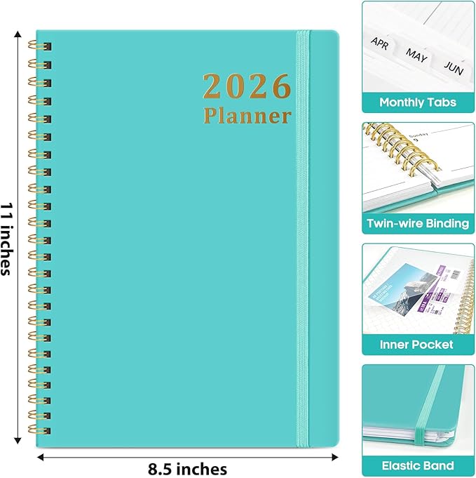 2026 Planner, Weekly and Monthly Calendar Planner, January 2026 - December 2026, Hardcover 2026 Calendar Book with Tabs For Women & Men, Inner Pocket, Spiral Bound, Perfect for Office Home School Supplies - A4 (8.5" x 11"), Aquamarine
