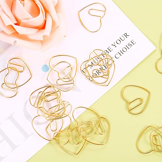 Jetec 100 Pcs Mini Paper Clips Small Cute Fancy Shaped Stainless Steel Metal Bookmarks Bulk for Office Stationery School Supplies Document Note Sorting Wedding Decoration(Heart Shaped,Gold)