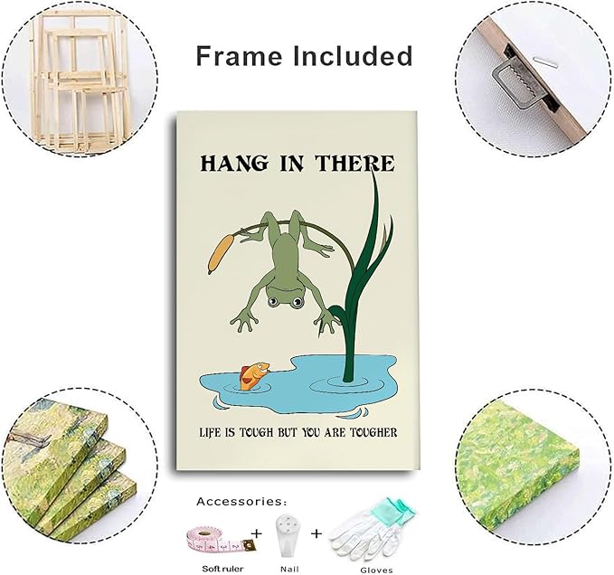 Hang In There Motivation Poster Frog Print Home Wall Art Mental Health Print Motivational Quote Poster Therapy Office Wall Decor Framed 12x16inch