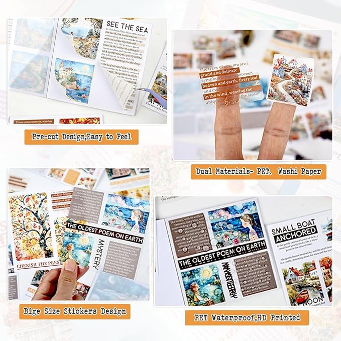 40 Sheets Diecut Washi Sticker Books for Scrapbooking, Summer Seaside Coastal Waves and Gold Fall Fairytale Theme Decorative Stickers for Journaling, Junk Journal Supplies, Scrap Book