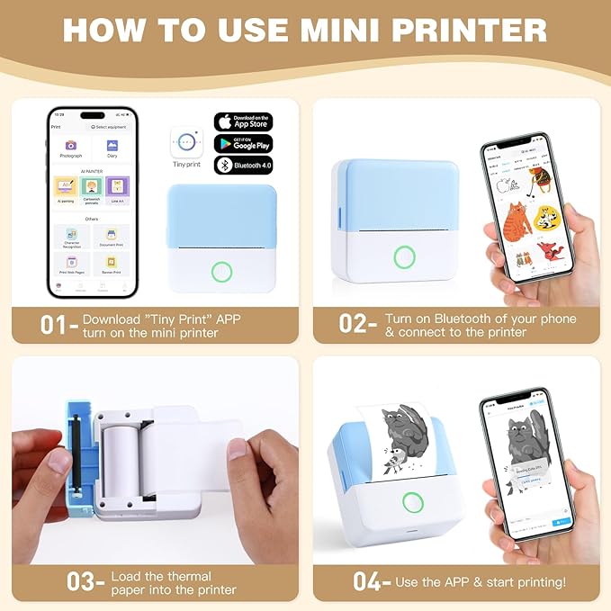 cudinham Print Pods Mini Printer, Thermal Inkless Sticker Maker with 10 Rolls Printing Paper, Pocket Printpod for Phone, Impresora Portátil for Notes, DIY, Compatible with iOS & Android (Blue)