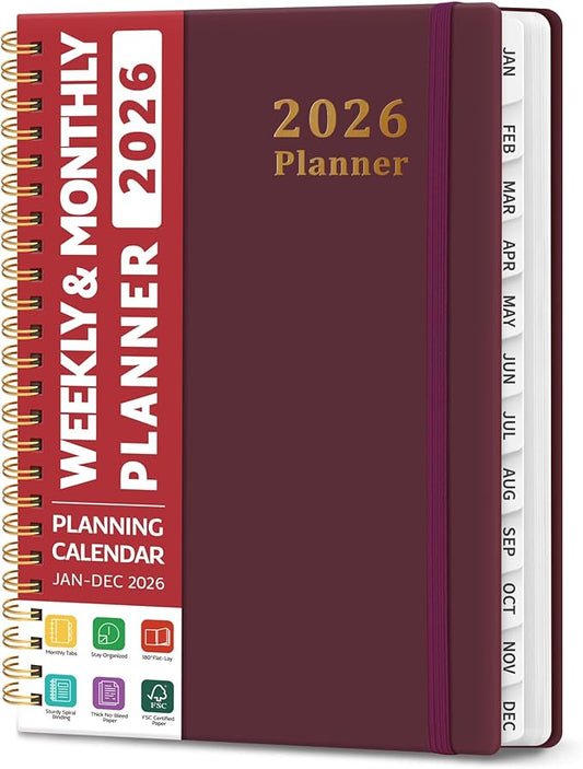 2026 Planner, Weekly and Monthly Calendar Planner, January 2026 - December 2026, Hardcover 2026 Calendar Book with Tabs For Women & Men, Inner Pocket, Spiral Bound, Perfect for Office Home School Supplies - A5 (6.3" x 8.5"), Burgundy