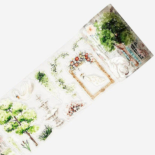 WT Pre-Cut French Courtyard Wide PET Tape, Single Roll, Romantic European Courtyard Style with Floral Designs, Transparent Decorative Tape for Journaling, Scrapbooking, Planner, DIY Crafts