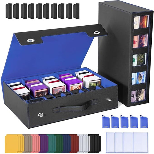 UAONO Trading Card Storage Box with Commander Display, 5 Row Magic Card Box with Handle & Aluminum Alloy Locking for 3900+ Unsleeved Cards Suits for MTG PTCG TCG Sports Cards (Black Blue)