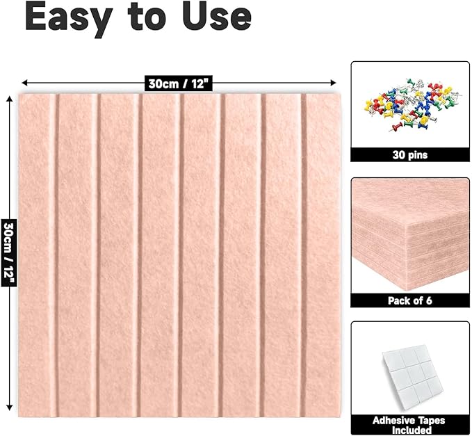Cork Board for Walls 36" x 24", 6 Pack Felt Bulletin Board Wall Tiles with 30 Push Pins for Home Kitchen School Office Wall DIY Decorative