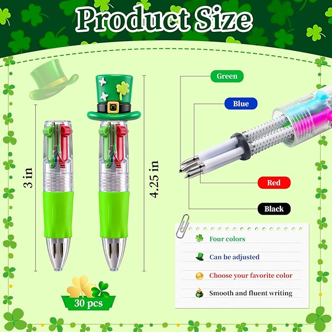 CZWZ 30Pcs Mini Multicolor Pens in One 4-in-1 Cute Pens Bulk, Ballpoint Pen for Birthdays and Parties, Fun Gifts Assorted Ink Kawaii Pen(St Patricks Day)
