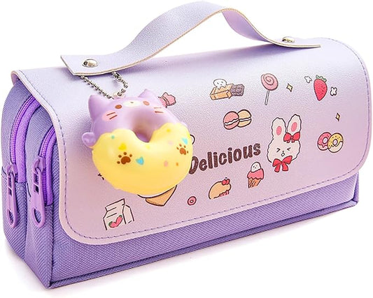 Pencil Case for Girls, Kids Large Capacity Cute Pencil Box with Compartments School Organizer Pen Pouch (Doughnut Purple)