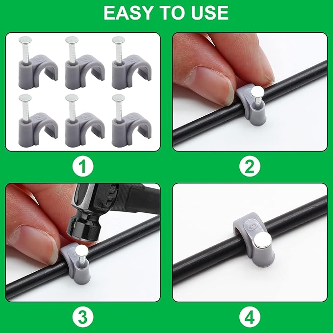 100pcs 1/4" / 6mm Half Clamp J-Hook with Nail, Nail in Cable Clips Ethernet Cable Nails Tacks Clips, Gray