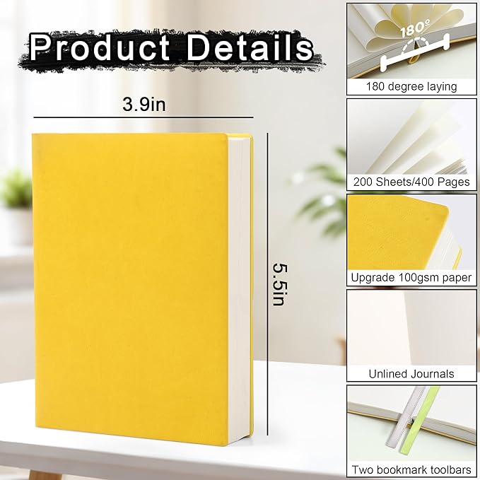 DreamDove Thick Blank Journal Notebook 400 Pages 3.9 × 5.5 No Lines Soft Leather Blank Notebook for Women Drawing Book Memo Writing Sketch Diary Notebook- Upgrade100GSM Paper (Lemon Yellow-400 Page)