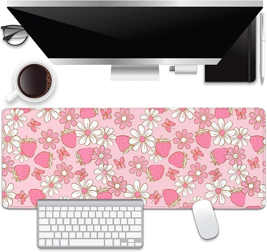 Pink Strawberries Flowers Desk Pad Mouse Pad,Large Butterfly Floral Mouse Mat with Stitched Edges,Non-Slip Rubber Base Mousepad for Office PC Keyboard Laptop and Home Work Desk Mat(31.5X11.8 in)