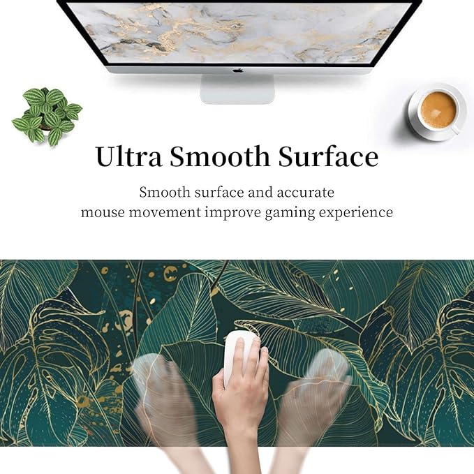 Tropical Monstera Leaves Gold Green XXL XL Large Gaming Mouse Pad for Desk, Non-Slip Long Extended Keyboard Pads Mousepad Rubber Table Mat 31.5 X 11.8 Inch