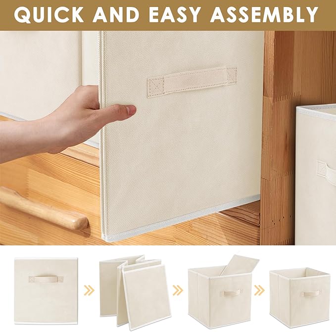 Criusia Storage Cubes, 11 Inch Clothes Storage Bins with Dual Handles (10 Pack), Fabric Collapsible Storage Bins for Shelves Closet, Cubby Organizer Bins for Clothing Toys Blanket Yarns (Beige)