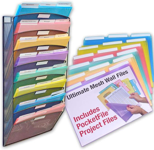 Ultimate Office Mesh Wall File Organizer, 8 Tier Vertical Mount Hanging File Sorter. Multipurpose Display Rack Includes 18, 3rd Cut PocketFile Clear Document Folder Project Pockets (Black)