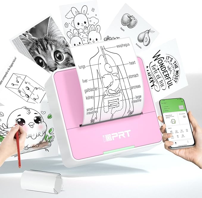 iDPRT Sticker Printer - Mini Portable Printer Bluetooth Thermal Label Printer with 1 Roll Sticker Paper, Inkless Sticker Maker Machine Pocket Instant Print for Study Notes, Pictures, DIY, Pink