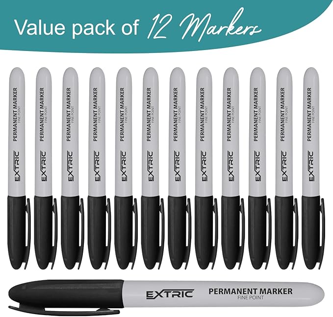 EXTRIC Permanent Markers Black, 12 Count Fine Point Markers, Quick Drying, Works on wood, Paper, Plastic, Metal and Glass, for Home, Office and School use