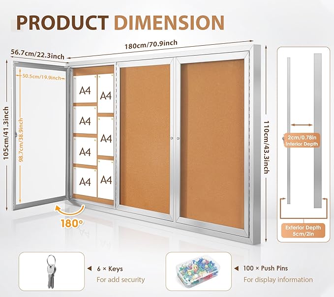 SWANCROWN Enclosed Bulletin Board 70x43in, Outdoor Bulletin Board Weatherproof for Office School Commerce, Cork, Sliver Aluminum Frame