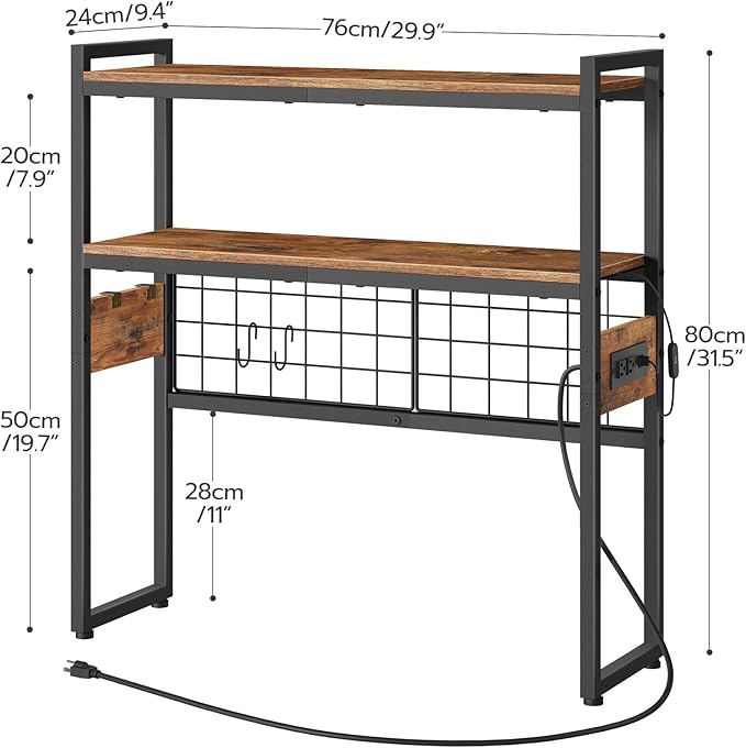 HOOBRO Desktop Bookcase, 2-Tier Desktop Organizer, 29.9" Wooden Office Storage Rack with Outlets, Display Shelf Rack with Light Strip, Desk Hutch for Office, Rustic Brown BF11UDSJ01
