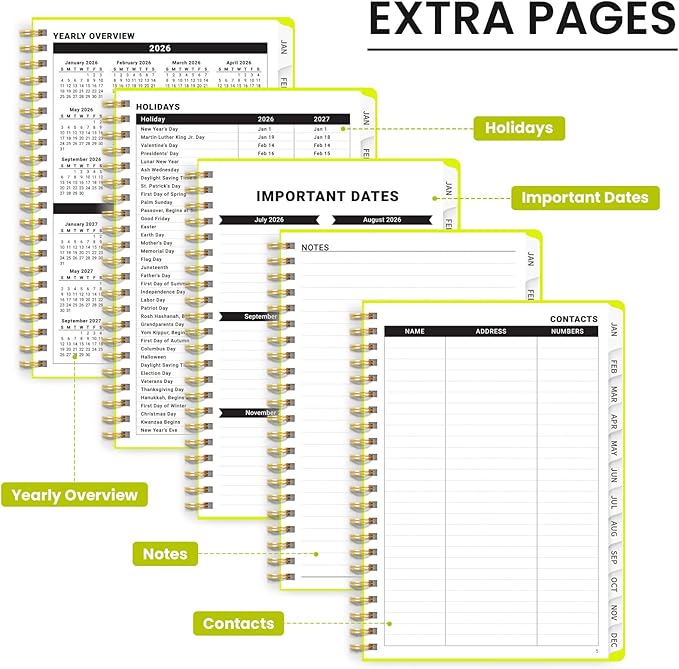 2026 Planner, Weekly and Monthly Calendar Planner, January 2026 - December 2026, Hardcover 2026 Calendar Book with Tabs For Women & Men, Inner Pocket, Spiral Bound, Perfect for Office Home School Supplies - A5 (6.3" x 8.5"), Lemon Yellow