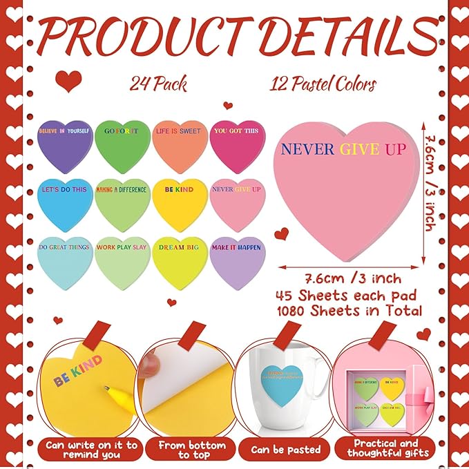 Teling 24 Pack Valentine's Day Sticky Notes Heart Shape Sticky Notes 3 x 3 Inch Inspirational Notepads Bulk Cute Memo Pads for Galentines Party Gifts School Office Supplies (Bright)