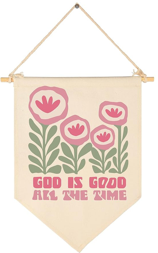 Canvas Banner Flag Sign Pennant Wall Decor Gift for Nursery Reading Room Playroom Bedroom Door,Girly Bible Verse Trendy Scripture Affirmation-Christian Poster Art for Girl-God is Good All the Time