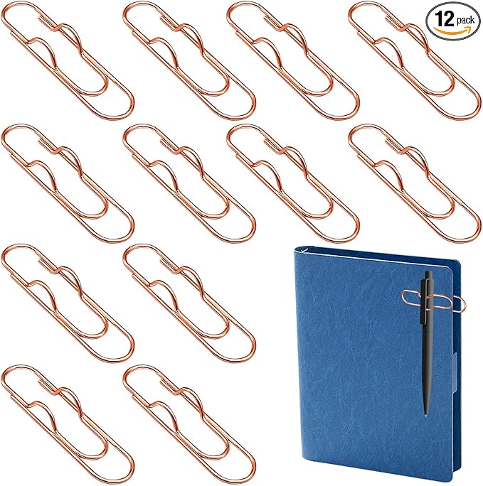 12Pcs Pen Holder Clips - Pen Holding Paper Clips Metal for Notebooks, Decorative Pencil Clip Organizer, Multi-Functional Bookmark & Card Holder for Desk Organization Rose Gold
