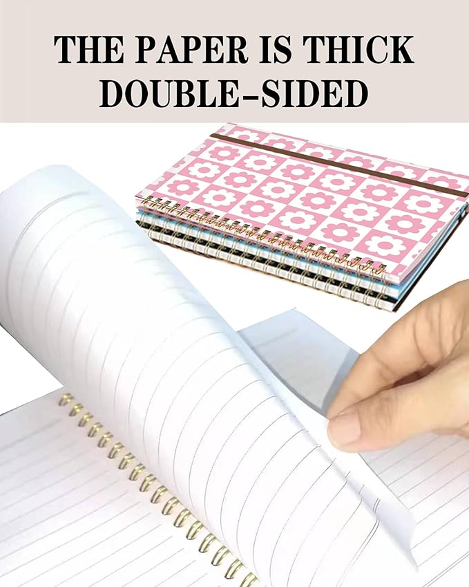 Spiral Journal Notebook, A5 Cute Notebooks for Women Men, College Ruled Hardcover Notebook for Work & Note Taking, 60 Pages Double-Wire Journals for Writing, Cute Pink Plaid Daisy